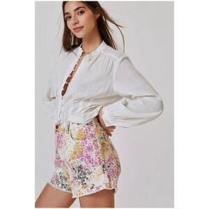 Anthropologie Pilcro Women’s Sz XL Floral High Rise Scrunchie Shorts Denim